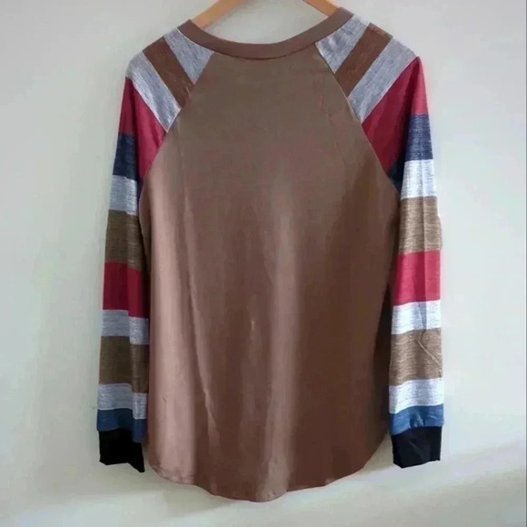 🌴2/$25🌴AMAZON | Women's Brown w/ Striped Long Sleeves Crewneck Tunic Top - Picture 4 of 4